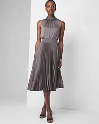 Tie-Neck Pleated Midi Dress