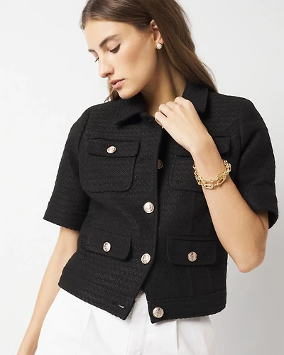 Petite Short-Sleeve Tweed Jacket