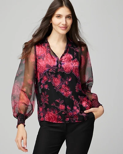 Organza Sleeve Silk Burnout Blouse