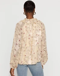 Floral Ruffle Neck Blouse with Gold Clip