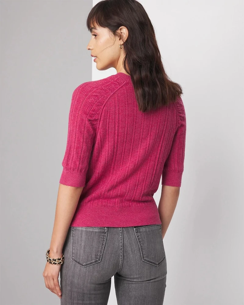 Cashmere-Blend Elbow-Sleeve Shirred Sweater