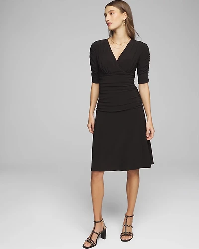 Elbow Sleeve V-Neck Ruched Matte Jersey Dress