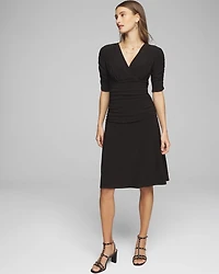 Elbow Sleeve V-Neck Ruched Matte Jersey Dress