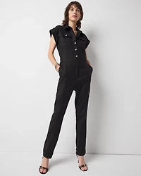 Petite Linen-Blend Short-Sleeve Utility Jumpsuit