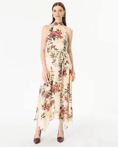 Handkerchief Hem Chiffon Halter Midi Dress