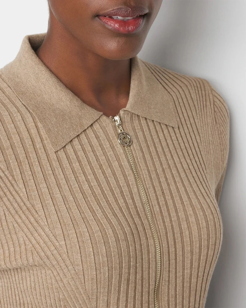Elbow-Sleeve Ribbed Half-Zip Pullover