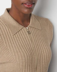 Elbow-Sleeve Ribbed Half-Zip Pullover