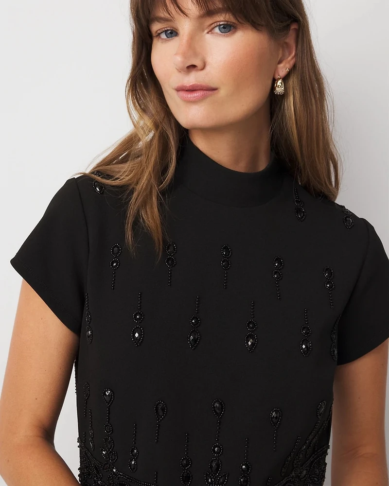 Mockneck Embellished Crepe Dress