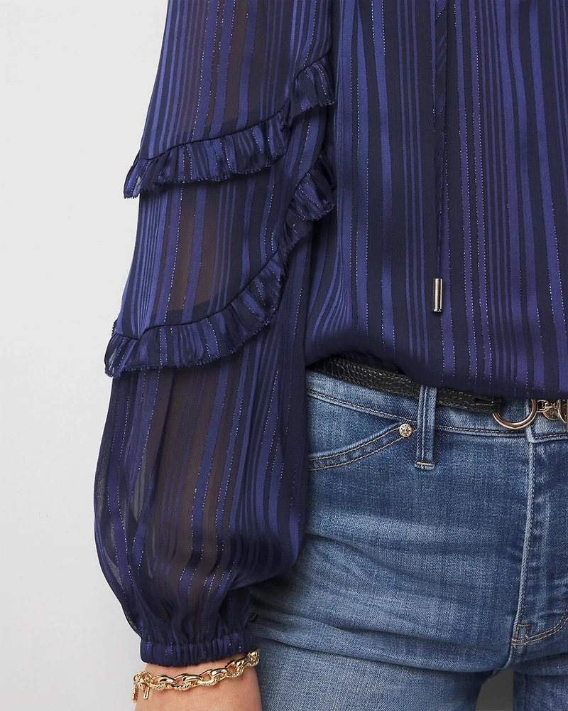 Ruffle Sleeve Sheer Striped Blouse