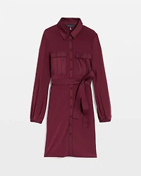 Long Sleeve Matte Jersey Shirtdress With Satin