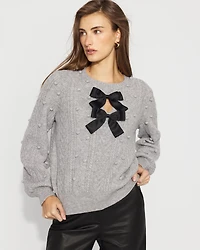 Satin Bow Cable Knit Sweater