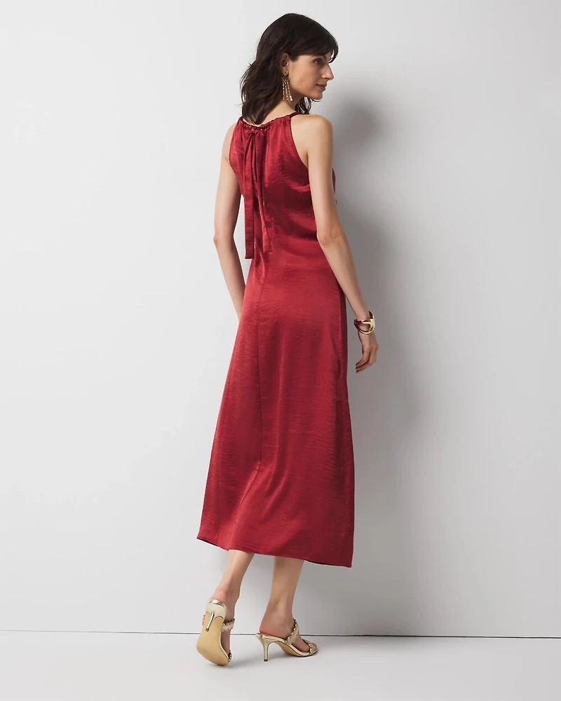 Petite Satin Halter Ruched Midi Dress