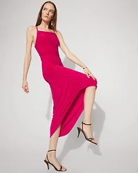 Jersey-Knit Ruched Midi Dress with Asymmetric Hem