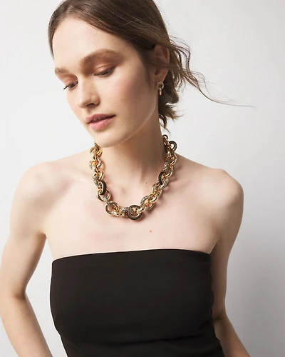 Black Textured Leather + Pavé Link Necklace