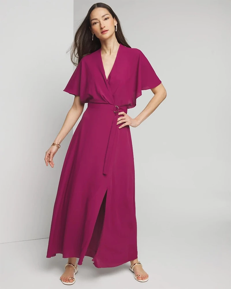 Cape Belted Maxi With Slit Dress