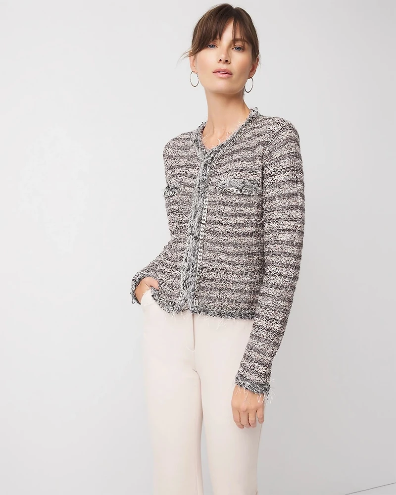 Chain-Trim Tweed Sweater Jacket