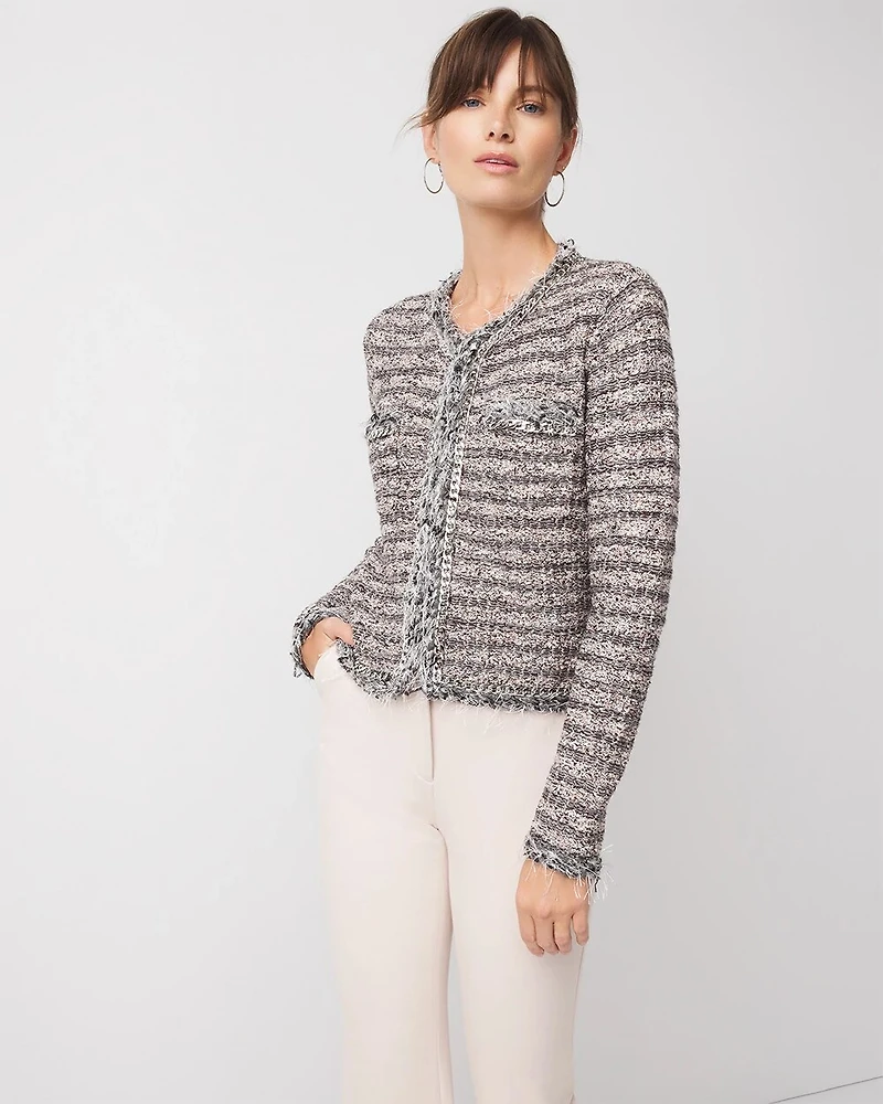 Chain-Trim Tweed Sweater Jacket