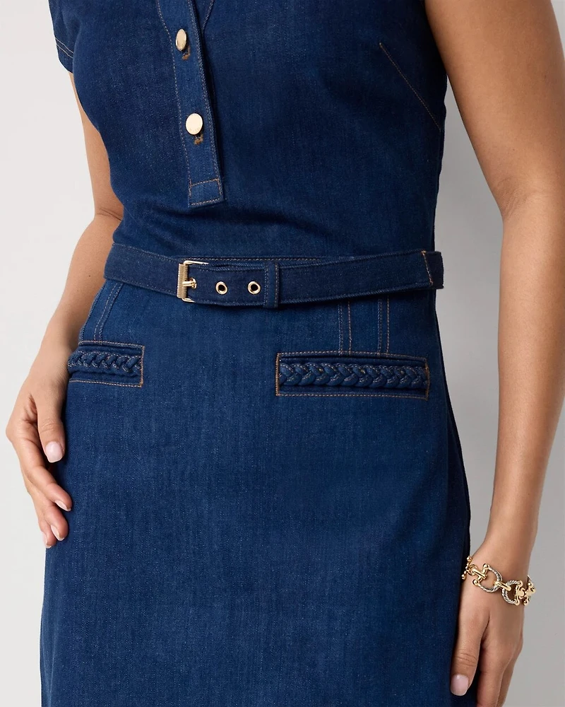 Petite Braided Trim Belted Denim Dress