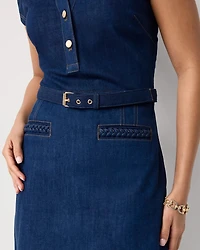 Petite Braided Trim Belted Denim Dress