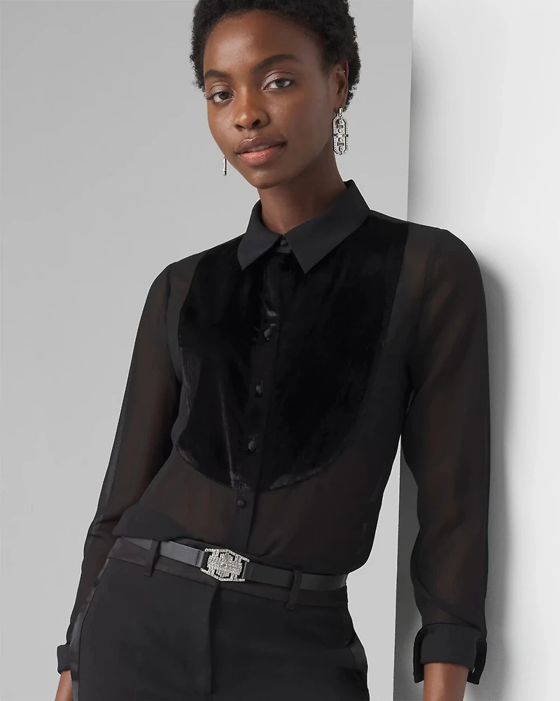 Petite Velvet & Chiffon Tuxedo Shirt