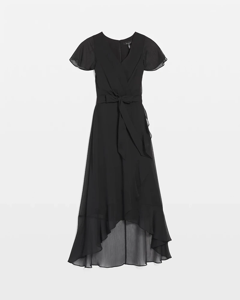 Short Sleeve Flutter Wrap Midi Dress