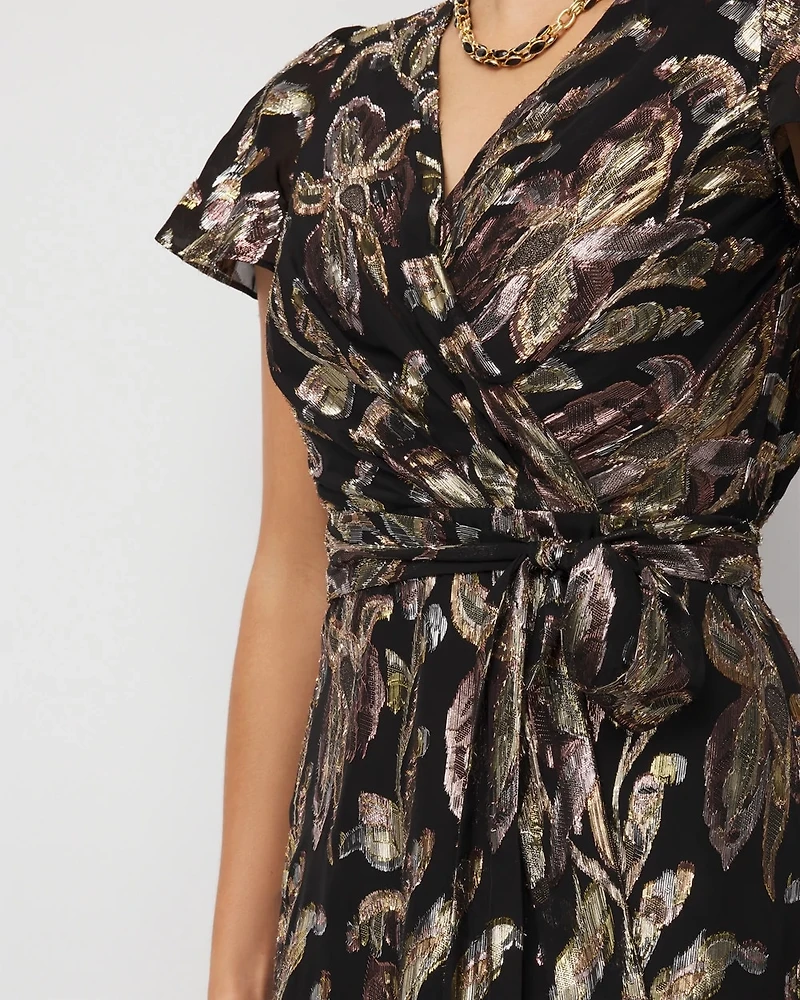 Metallic Floral Surplice Midi Dress