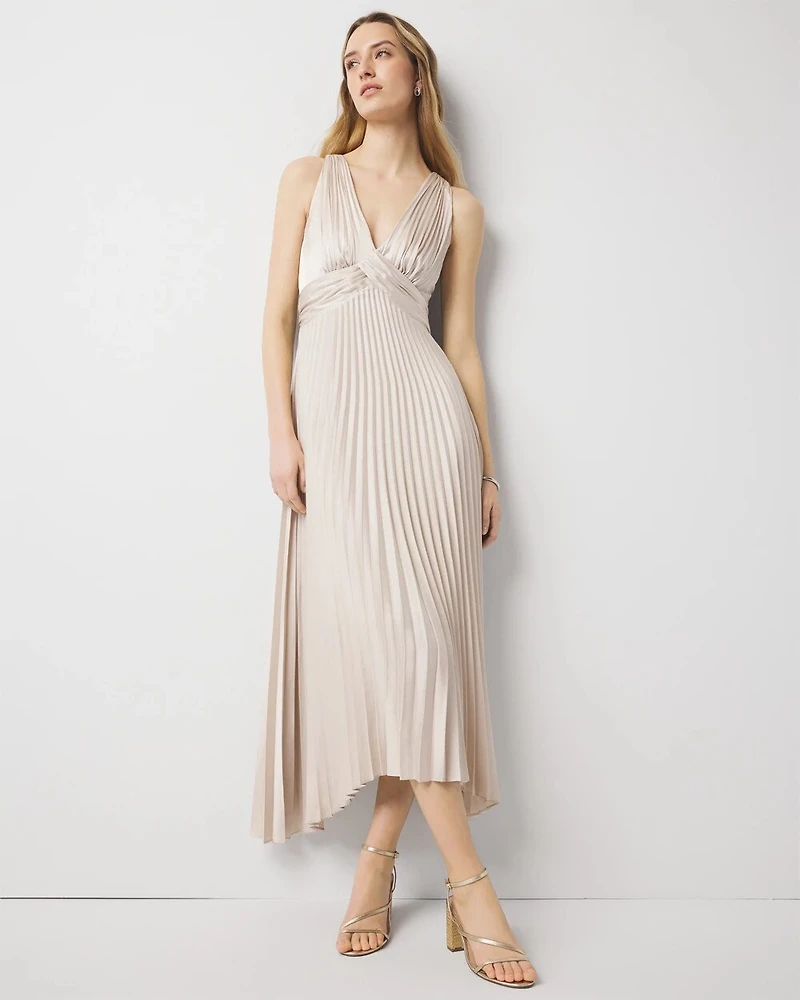 Petite Satin Pleated Midi Dress