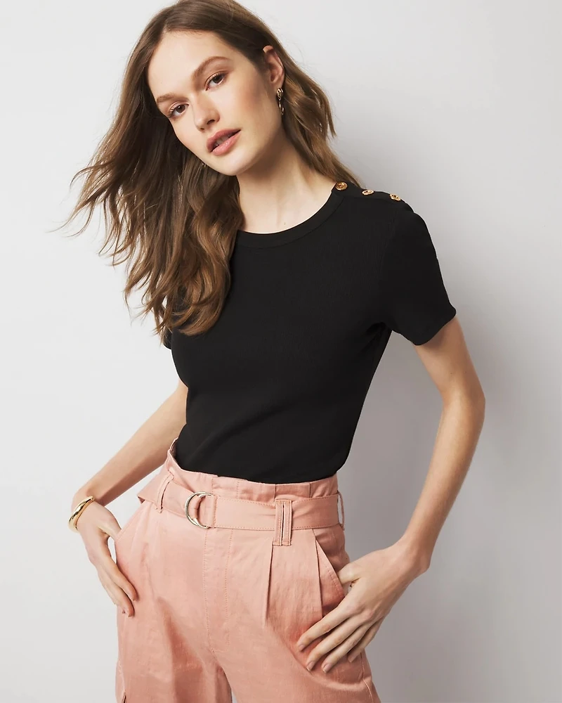 WHBM FORME™ Ribbed Stretch Button Shoulder Tee