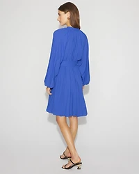 Long-Sleeve Pleated Belted Dress