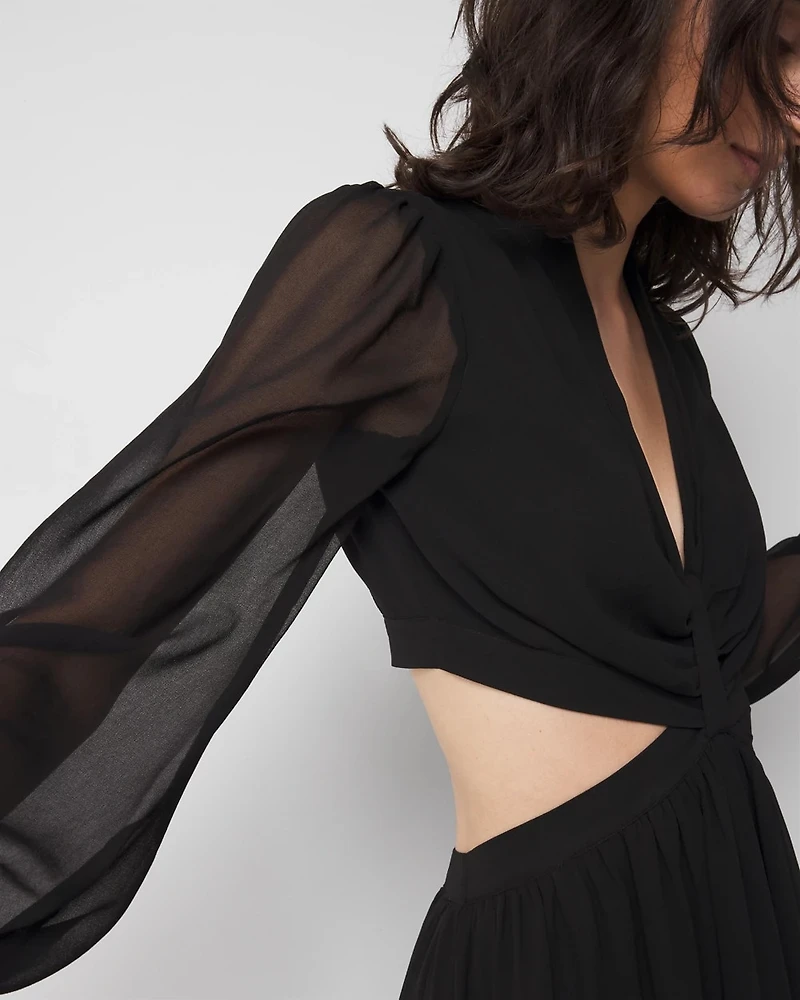 Long-Sleeve V-Neck Cutout Midi Dress