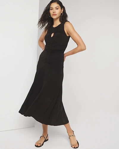 Sleeveless Matte Jersey Ruched Keyhole Maxi Dress