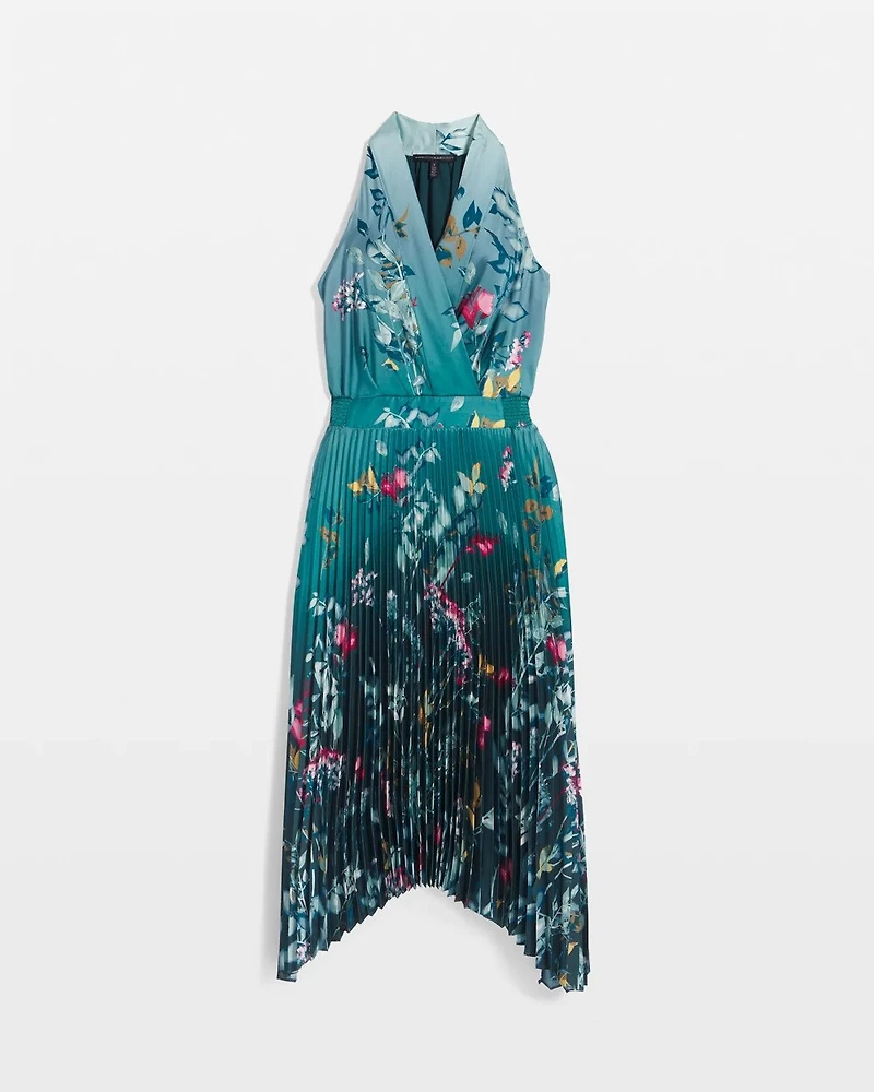 Petite Sleeveless Shawl Neck Pleated Midi Dress