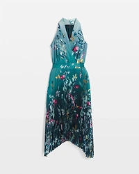 Petite Sleeveless Shawl Neck Pleated Midi Dress