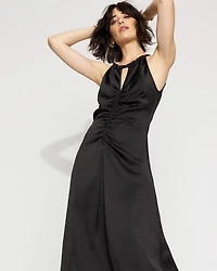 Petite Satin Halter Ruched Midi Dress
