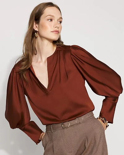 Pleated Sleeve Satin Blouse