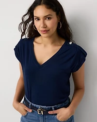 Epaulet Knit V-neck Tee