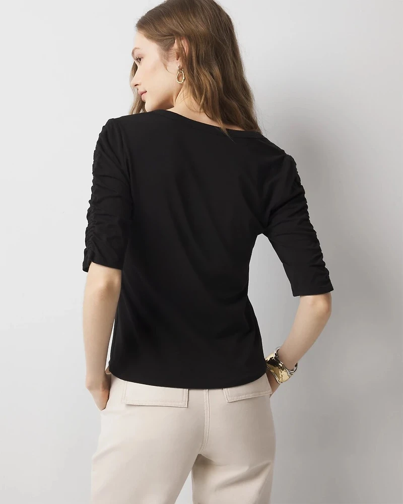 Ruched-Sleeve Scoop Neck Top