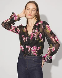 Petite Sheer Metallic Clip Ruffle Blouse