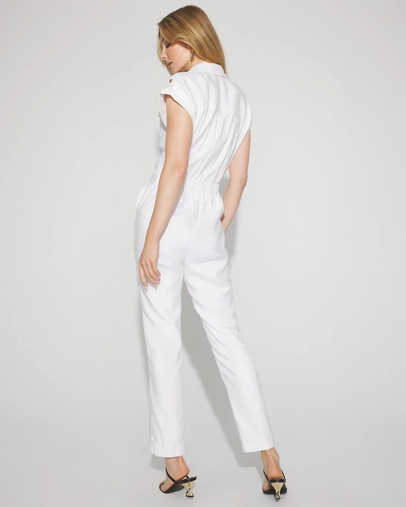 Linen-Blend Short-Sleeve Utility Jumpsuit