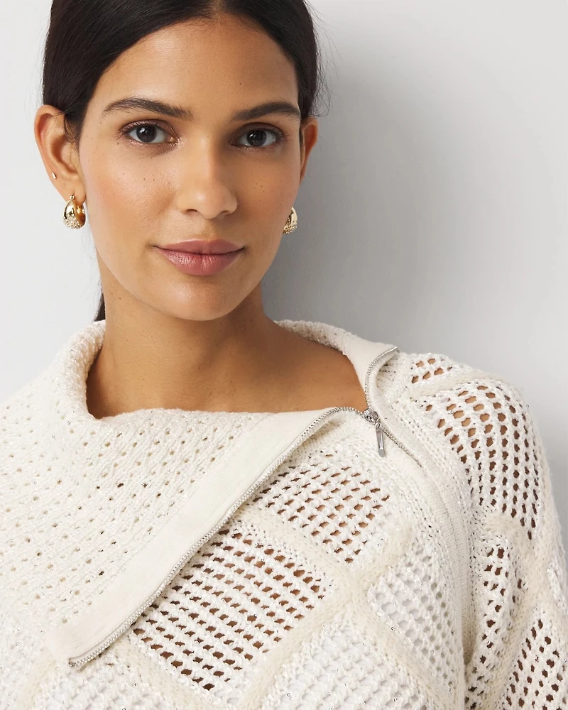 Zip Neck Sequin Knit Sweater