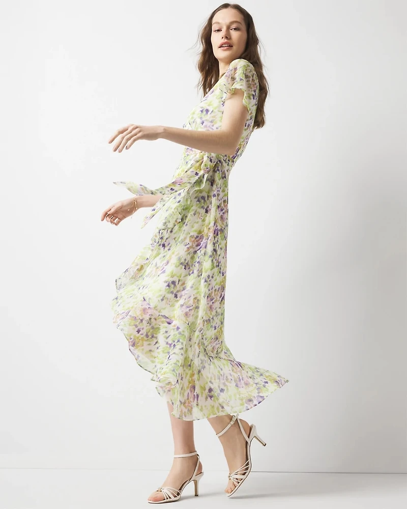 Short Sleeve Flutter Wrap Midi Dress