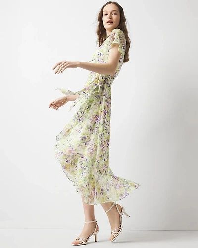 Short Sleeve Flutter Wrap Midi Dress