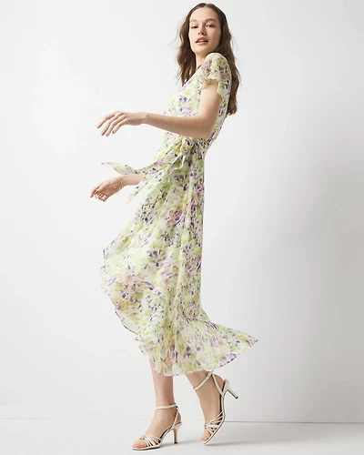Short Sleeve Flutter Wrap Midi Dress