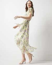 Short Sleeve Flutter Wrap Midi Dress