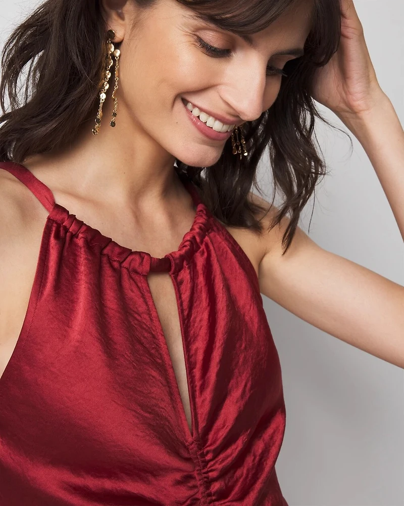 Petite Satin Halter Ruched Midi Dress