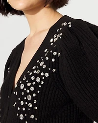 Embellished Puff Sleeve Button-Front Cardigan