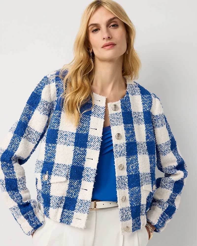 Petite Bouclé Plaid Bomber Jacket