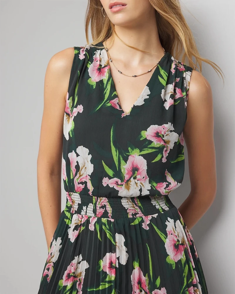 Sleeveless V-Neck Smocked Pleated Midi Dress