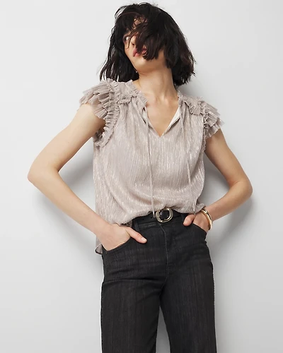 Ruffle Tie-Neck Shimmer Top