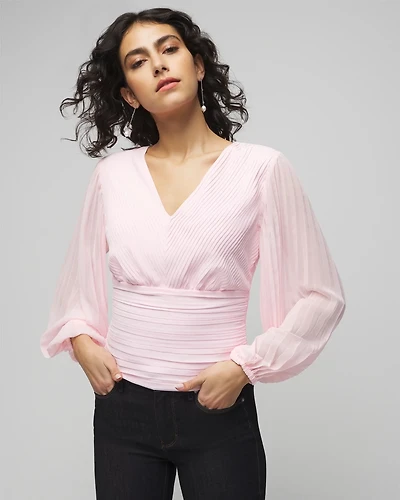 Long Sleeve Pleated Crepe Blouse